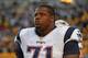 PITTSBURGH, PA - OCTOBER 23: Offensive lineman Cameron Fleming #71 of the New England Patriots looks on from the sideline during a game against the Pittsburgh Steelers at Heinz Field on October 23, 2016 in Pittsburgh, Pennsylvania. The Patriots defeated the Steelers 27-16. (Photo by George Gojkovich/Getty Images)