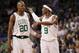 Boston Celtics guards Ray Allen (20) and Rajon Rondo (9) confer during the first quarter against the Orlando Magic in Game 6 of the NBA Eastern Conference basketball finals in Boston, Friday, May 28, 2010. (AP Photo/Winslow Townson)