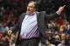 Detroit Pistons coach Stan Van Gundy yells to the officials after the Pistons were called for a technical foul during the second half of an NBA basketball game against the Portland Trail Blazers in Portland, Ore., Saturday, March 17, 2018. The Blazers won 100-87. (AP Photo/Steve Dykes)