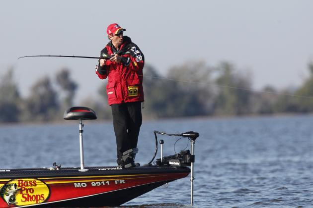 Current leader Kevin VanDam, of Kalamazoo, Mich., competes in the Bassmaster Classic during the final round in Lake Cataouatche in Jefferson Parish, La., Sunday, Feb. 20, 2011. (AP Photo/Gerald Herbert)