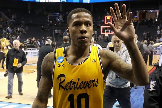 CHARLOTTE, NC - MARCH 16:  Jairus Lyles #10 of the UMBC Retrievers walks off the floor after defeating the Virginia Cavaliers 74-54 during the first round of the 2018 NCAA Men's Basketball Tournament at Spectrum Center on March 16, 2018 in Charlotte, North Carolina.  (Photo by Streeter Lecka/Getty Images)