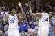 Duke's Marvin Bagley III (35) and Wendell Carter Jr. (34) react following a play against Southern during the second half of an NCAA college basketball game in Durham, N.C., Friday, Nov. 17, 2017. Duke won 78-61. (AP Photo/Gerry Broome)