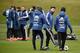 Argentina's forward Sergio Aguero (2R) participates in a team training session at the City Academy training complex in Manchester, north west England on March 21, 2018 ahead of their March 23 international friendly football match against Italy at the Ethiad Stadium. / AFP PHOTO / Oli SCARFF (Photo credit should read OLI SCARFF/AFP/Getty Images)