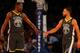 NEW YORK, NY - FEBRUARY 26: (NEW YORK DAILIES OUT) Stephen Curry #30 and Kevin Durant #35 of the Golden State Warriors in action against the New York Knicks at Madison Square Garden on February 26, 2018 in New York City. The Warriors defeated the Knicks 125-111. NOTE TO USER: User expressly acknowledges and agrees that, by downloading and/or using this Photograph, user is consenting to the terms and conditions of the Getty Images License Agreement. (Photo by Jim McIsaac/Getty Images)