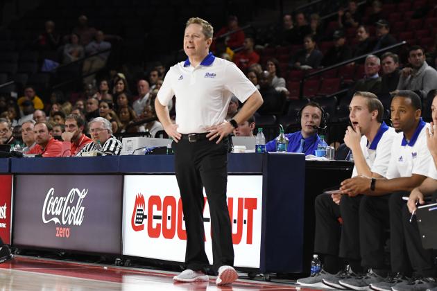 LYNCHBURG, VA - NOVEMBER 17:  Head coach Niko Medved of the Drake Bulldogs looks on during the quarterfinals of the Paradise Jam college basketball tournament against the Wake Forest Demon Deacons at The Vines Center on November 17, 2017 in Lynchburg, Virginia.  The Bulldogs won 77-74.  (Photo by Mitchell Layton/Getty Images)