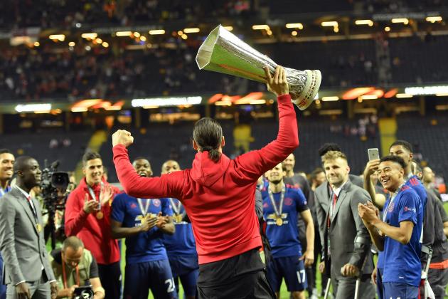 United's Zlatan Ibrahimovic holds the trophy after winning the soccer Europa League final between Ajax Amsterdam and Manchester United at the Friends Arena in Stockholm, Sweden, Wednesday, May 24, 2017. United won 2-0. (AP Photo/Martin Meissner)