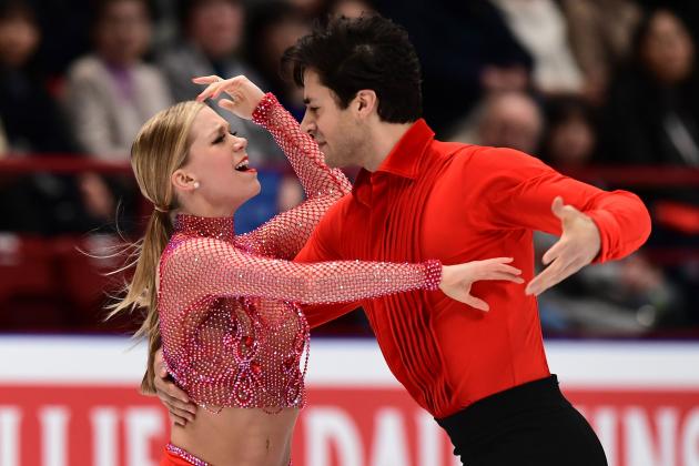 Canada's Kaitlyn Weaver and Andrew Poje perform during the Ice Dance Short Dance program at the Milano World Figure Skating Championship 2018 in Milan on March 23, 2018. / AFP PHOTO / MIGUEL MEDINA        (Photo credit should read MIGUEL MEDINA/AFP/Getty Images)
