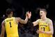 LOS ANGELES, CA - MARCH 22: Moritz Wagner #13 and Charles Matthews #1 of the Michigan Wolverines celebrate in the second half while taking on the Texas A&M Aggies in the 2018 NCAA Men's Basketball Tournament West Regional at Staples Center on March 22, 2018 in Los Angeles, California. (Photo by Harry How/Getty Images)