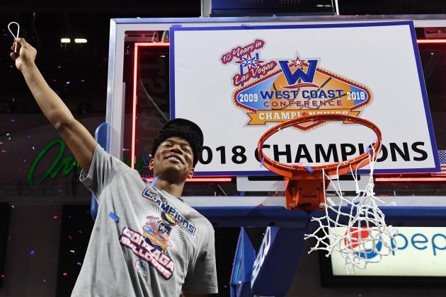 LAS VEGAS, NV - MARCH 06:  Rui Hachimura #21 of the Gonzaga Bulldogs cuts down a net after defeating the Brigham Young Cougars 74-54 to win the championship game of the West Coast Conference basketball tournament at the Orleans Arena on March 6, 2018 in Las Vegas, Nevada.  (Photo by Ethan Miller/Getty Images)