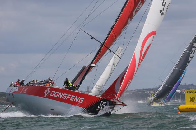 Dongfeng Race Team heads out of Waitamata Harbour after the start of the seventh leg of the Volvo Ocean Race yacht race in Auckland on March 18, 2018.
Spain's Mapfre leads the overall standings in the 11-leg around-the-word race on 39 points, followed by the China-backed Dongfeng Race Team on 34 and SHK/Scallywag on 26. / AFP PHOTO / MICHAEL BRADLEY (Photo credit should read MICHAEL BRADLEY/AFP/Getty Images)