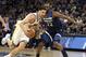 Golden State Warriors' Klay Thompson drives around Minnesota Timberwolves' Andrew Wiggins in the second half of an NBA basketball game Sunday, March 11, 2018, in Minneapolis. The Timberwolves won 109-103. Thompson scored 21 points and Wiggins scored 23. (AP Photo/Jim Mone)