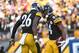 PITTSBURGH, PA - OCTOBER 22: Antonio Brown #84 of the Pittsburgh Steelers celebrates seven-yard touchdown reception with Le'Veon Bell #26 in the first quarter against the Cincinnati Bengals at Heinz Field on October 22, 2017 in Pittsburgh, Pennsylvania. (Photo by Justin Berl/Getty Images)