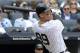 FILE - In this Wednesday, Sept. 20, 2017 file photo, New York Yankees' Aaron Judge follows through on a two-run home run during the third inning of a baseball game against the Minnesota Twins at Yankee Stadium in New York. Yankees slugger Aaron Judge is a finalist for AL MVP and Rookie of the Year, giving him a chance to become just the third player to win the awards in the same year. The Baseball Writers’ Association of America revealed the finalists for its major awards on Monday night, Nov. 6, 2017. (AP Photo/Bill Kostroun, File)