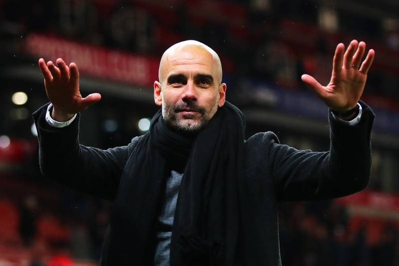 STOKE ON TRENT, ENGLAND - MARCH 12: Manchester City manager Josep Guardiola waves to the crowd following the Premier League match between Stoke City and Manchester City at Bet365 Stadium on March 12, 2018 in Stoke on Trent, England. (Photo by Chris Brunskill Ltd/Getty Images)