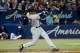 TORONTO, ON - MARCH 29: Giancarlo Stanton #27 of the New York Yankees hits an RBI double in the fifth inning on Opening Day during MLB game action against the Toronto Blue Jays at Rogers Centre on March 29, 2018 in Toronto, Canada. (Photo by Tom Szczerbowski/Getty Images)