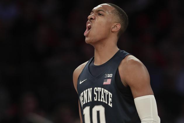 Penn State guard Tony Carr reacts after hitting a 3-point shot against Utah during the second quarter of an NCAA college basketball game for the NIT championship Thursday, March 29, 2018, in New York. (AP Photo/Julie Jacobson)