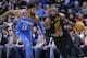 Cleveland Cavaliers forward LeBron James (23) drives past Oklahoma City Thunder forward Paul George (13) during the first half of an NBA basketball game in Oklahoma City, Tuesday, Feb. 13, 2018. (AP Photo/Sue Ogrocki)