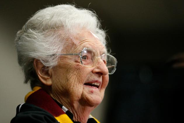 Loyola's Sister Jean Dolores Schmidt answers questions during a news conference for the Final Four NCAA college basketball tournament, Friday, March 30, 2018, in San Antonio. (AP Photo/Brynn Anderson)