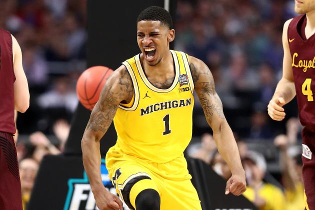 SAN ANTONIO, TX - MARCH 31: Charles Matthews #1 of the Michigan Wolverines reacts after a basket in the second half against the Loyola Ramblers during the 2018 NCAA Men's Final Four Semifinal at the Alamodome on March 31, 2018 in San Antonio, Texas.  (Photo by Ronald Martinez/Getty Images)