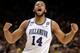 Villanova forward Omari Spellman celebrates during the first half against Kansas in the semifinals of the Final Four NCAA college basketball tournament, Saturday, March 31, 2018, in San Antonio. (AP Photo/Eric Gay)