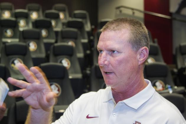 Florida State quarterbacks coach Randy Sanders talks during NCAA college football media day in Tallahassee, Fla., Sunday, Aug. 9, 2015. (AP Photo/Mark Wallheiser)