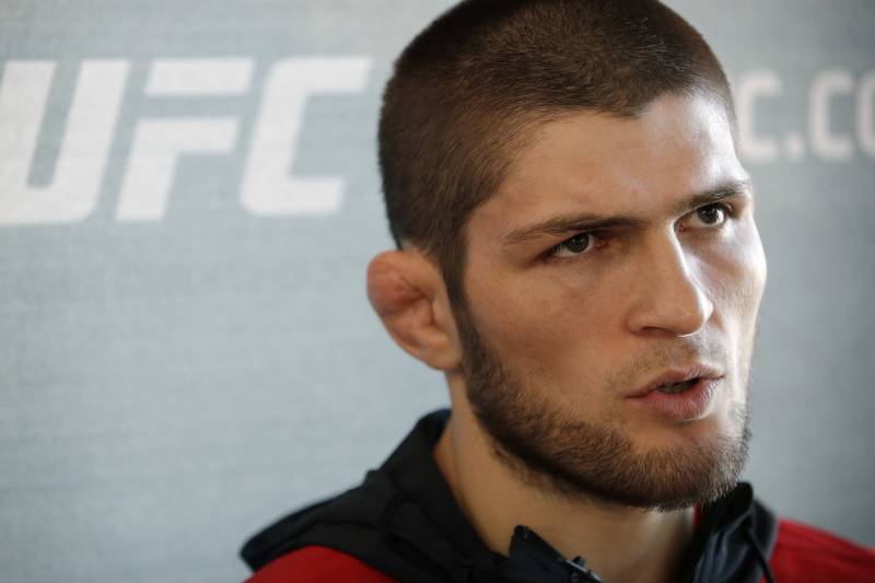 Khabib Nurmagomedov, of Russia, speaks with the media during a news conference for UFC 209, Thursday, March 2, 2017, in Las Vegas. Nurmagomedov is scheduled to battle Tony Ferguson in a mixed martial arts lightweight fight Saturday in Las Vegas. (AP Photo/John Locher)