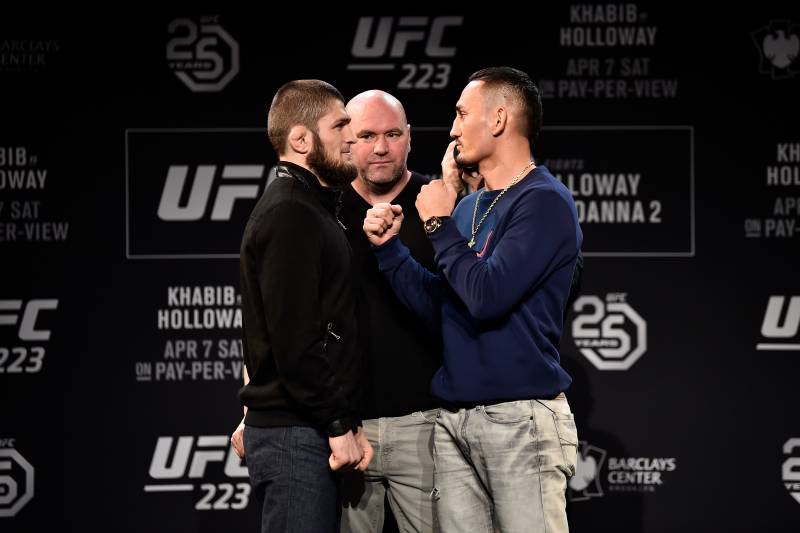 BROOKLYN, NY - APRIL 04: (L-R) Khabib Nurmagomedov of Russia and Max Holloway face off during the UFC 223 Press Conference at the Music Hall of Williamsburg on April 4, 2018 in Brooklyn, New York. (Photo by Jeff Bottari/Zuffa LLC/Zuffa LLC via Getty Images)