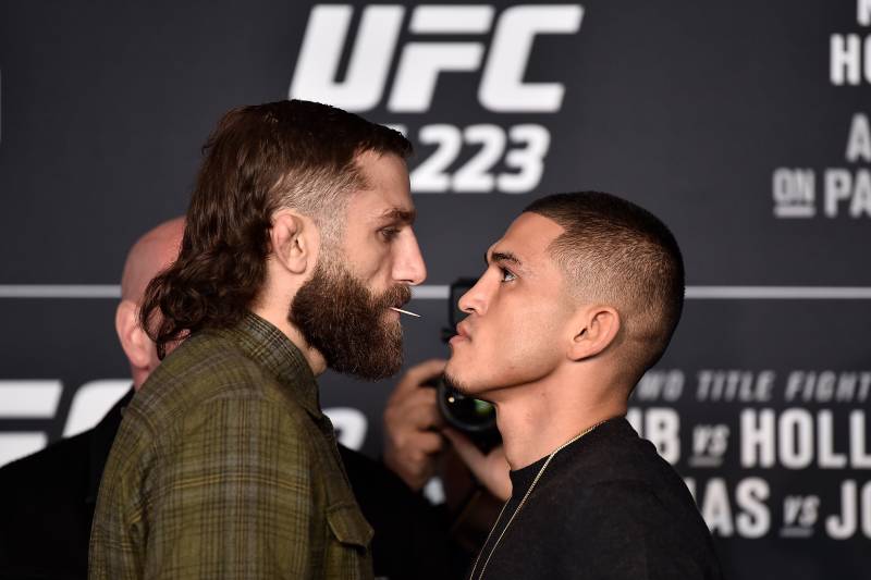 BROOKLYN, NY - APRIL 05: (L-R) Michael Chiesa and Anthony Pettis face off during the UFC 223 Ultimate Media Day inside Barclays Center on April 5, 2018 in Brooklyn, New York. (Photo by Jeff Bottari/Zuffa LLC/Zuffa LLC via Getty Images)
