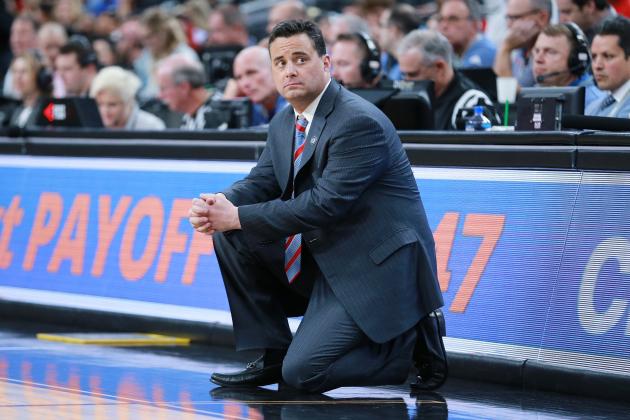 LAS VEGAS, NV - MARCH 08:  Head coach Sean Miller of the Arizona Wildcats directs his team against the Colorado Buffaloes during a quarterfinal game of the Pac-12 basketball tournament at T-Mobile Arena on March 8, 2018 in Las Vegas, Nevada.  (Photo by Leon Bennett/Getty Images)