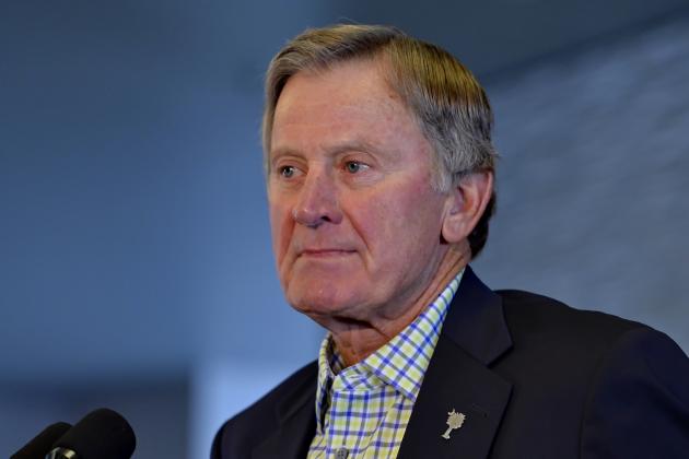 South Carolina head football coach Steve Spurrier speaks at a news conference to announce he is resigning on Tuesday, Oct. 13, 2015, at the University Of South Carolina, in Columbia, S.C.  Spurrier said he felt he needed to step down now because he doesn't believe there is accountability with players if they know the coach won't be back next year. He also said he was a recruiting liability. He had never had a losing season in 25 previous seasons coach at Duke (1987-89), Florida (1990-2001) or South Carolina, where he has been since 2005. (AP Photo/Richard Shiro)