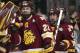 Minnesota Duluth players celebrate a goal by center Jared Thomas (22) against Notre Dame in the first period during an NCAA Frozen Four championship college hockey game, Saturday, April 7, 2018,in St. Paul, Minn.. (AP Photo/Andy Clayton-King)
