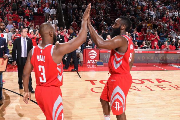 HOUSTON, TX - APRIL 5: Chris Paul #3 of the Houston Rockets and James Harden #13 of the Houston Rockets high-five during the game against the Portland Trailblazers on April 5, 2018 at the Toyota Center in Houston, Texas. NOTE TO USER: User expressly acknowledges and agrees that, by downloading and or using this photograph, User is consenting to the terms and conditions of the Getty Images License Agreement. Mandatory Copyright Notice: Copyright 2018 NBAE (Photo by Bill Baptist/NBAE via Getty Images)