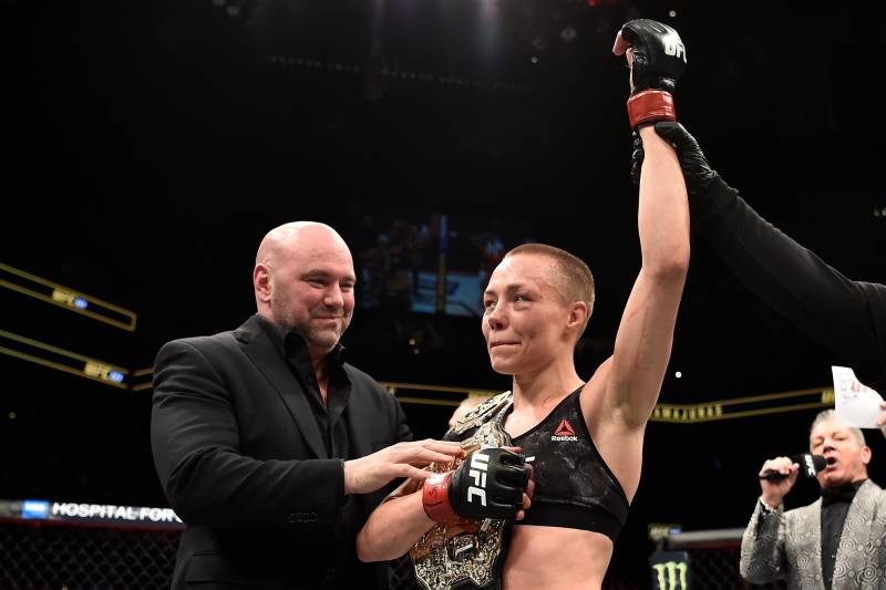 BROOKLYN, NEW YORK - APRIL 07: Rose Namajunas celebrates after her victory over Joanna Jedrzejczyk in their women's strawweight title bout during the UFC 223 event inside Barclays Center on April 7, 2018 in Brooklyn, New York. (Photo by Jeff Bottari/Zuffa LLC/Zuffa LLC via Getty Images)