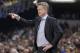 Golden State Warriors coach Steve Kerr calls a play for his team as the Warriors played the Indiana Pacers during the first half of an NBA basketball game in Indianapolis, Thursday, April 5, 2018. (AP Photo/Michael Conroy)