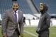 New York Giants wide receiver Odell Beckham, right, talks to former Baltimore Ravens' Ray Lewis before an NFL football game between the Philadelphia Eagles and the New York Giansts, Monday, Oct. 19, 2015, in Philadelphia. (AP Photo/Michael Perez)