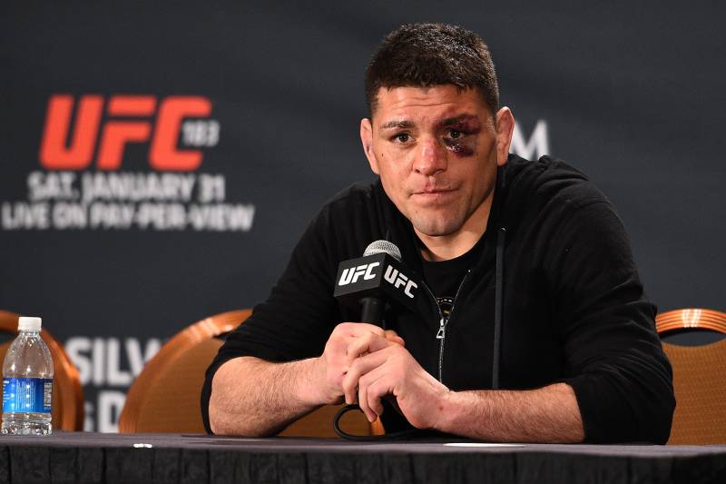 LAS VEGAS, NV - JANUARY 31: Nick Diaz interacts with the media during the UFC 183 post fight press conference at the MGM Grand Garden Arena on January 31, 2015 in Las Vegas, Nevada. (Photo by Jeff Bottari/Zuffa LLC/Zuffa LLC via Getty Images)