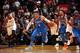 MIAMI, FL - APRIL 9: Russell Westbrook #0 of the Oklahoma City Thunder handles the ball against the Miami Heat on April 9, 2018 at American Airlines Arena in Miami, Florida. NOTE TO USER: User expressly acknowledges and agrees that, by downloading and or using this Photograph, user is consenting to the terms and conditions of the Getty Images License Agreement. Mandatory Copyright Notice: Copyright 2018 NBAE (Photo by Issac Baldizon/NBAE via Getty Images)