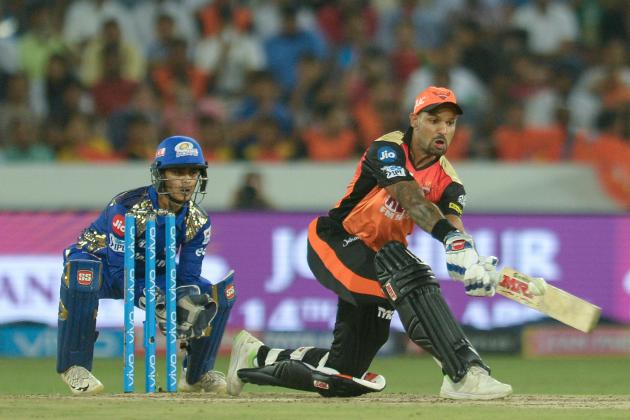 Sunrisers Hyderabad cricketer Shikhar Dhawan plays a shot during the 2018 Indian Premier League (IPL) Twenty20 cricket match between Sunrisers Hyderabad and Mumbai Indians at the Rajiv Gandhi International Cricket Stadium in Hyderabad on April 12, 2018. / AFP PHOTO / NOAH SEELAM        (Photo credit should read NOAH SEELAM/AFP/Getty Images)