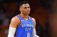 MIAMI, FL - APRIL 09: Russell Westbrook #0 of the Oklahoma City Thunder looking to pass during the game against the Miami Heat at American Airlines Arena on April 9, 2018 in Miami, Florida. NOTE TO USER: User expressly acknowledges and agrees that, by downloading and or using this photograph, User is consenting to the terms and conditions of the Getty Images License Agreement. (Photo by B51/Mark Brown/Getty Images) *** Local Caption *** Russell Westbrook