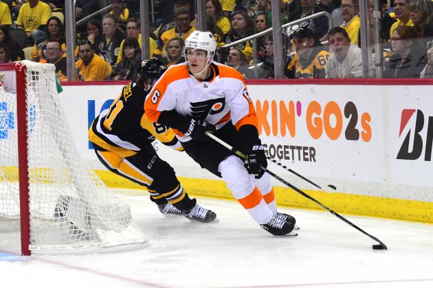 PITTSBURGH, PA - APRIL 13: Travis Sanheim #6 of the Philadelphia Flyers skates with the puck against the Pittsburgh Penguins in Game Two of the Eastern Conference First Round during the 2018 NHL Stanley Cup Playoffs at PPG PAINTS Arena on April 13, 2018 in Pittsburgh, Pennsylvania. (Photo by Matt Kincaid/Getty Images)