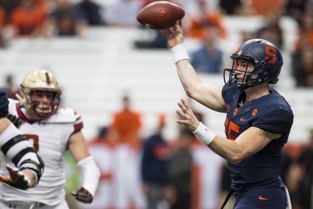 SYRACUSE, NY - NOVEMBER 25:  Rex Culpepper #15 of the Syracuse Orange passes the ball during the first quarter against the Boston College Eagles at the Carrier Dome on November 25, 2017 in Syracuse, New York.  (Photo by Brett Carlsen/Getty Images)