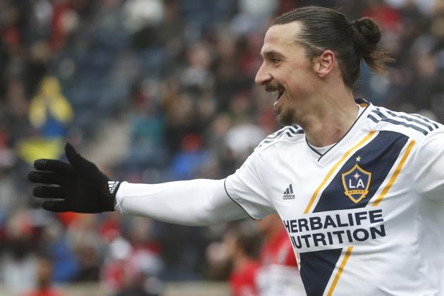 Zlatan Ibrahimovic of Los Angeles Galaxy smiles after scoring against the Chicago Fire during the first half of a MLS soccer match on April 14, 2018 at the Toyota Park in Bridgeview, Illinois.  / AFP PHOTO / Kamil Krzaczynski        (Photo credit should read KAMIL KRZACZYNSKI/AFP/Getty Images)