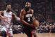 HOUSTON, TX - APRIL 15: James Harden #13 of the Houston Rockets handles the ball against the Minnesota Timberwolves in Game One of Round One of the 2018 NBA Playoffs on April 15, 2018 at the Toyota Center in Houston, Texas. NOTE TO USER: User expressly acknowledges and agrees that, by downloading and or using this photograph, User is consenting to the terms and conditions of the Getty Images License Agreement. Mandatory Copyright Notice: Copyright 2018 NBAE (Photo by Bill Baptist/NBAE via Getty Images)