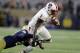 North Carolina State's Jaylen Samuels is tackled by Notre Dame's Nick Coleman during the second half of an NCAA college football game, Saturday, Oct. 28, 2017, in South Bend, Ind. Notre Dame won 35-14. (AP Photo/Darron Cummings)