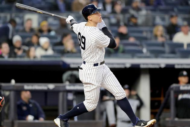 NEW YORK, NY - APRIL 16: Aaron Judge #99 of the New York Yankees watches his solo home run in the second inning against the Miami Marlins at Yankee Stadium on April 16, 2018 in the Bronx borough of New York City. (Photo by Elsa/Getty Images)