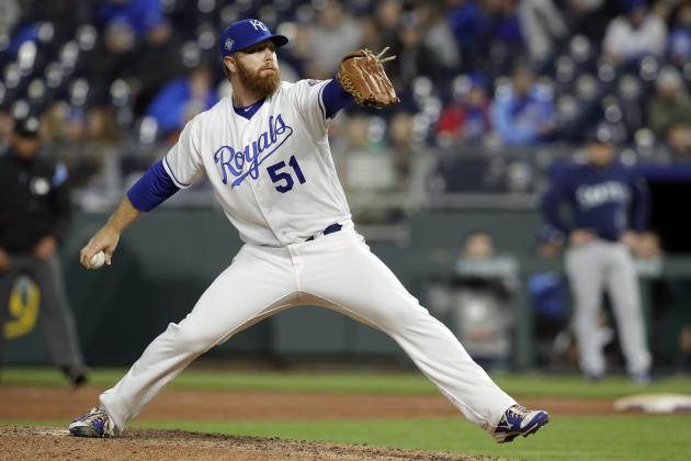 Kansas City Royals relief pitcher Blaine Boyer during a baseball game against the Seattle Mariners at Kauffman Stadium in Kansas City, Mo., Tuesday, April 10, 2018. (AP Photo/Orlin Wagner)