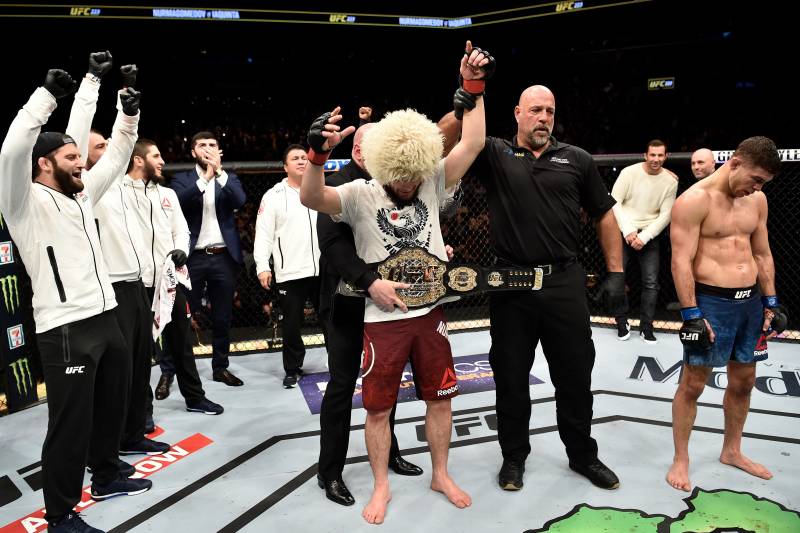 BROOKLYN, NEW YORK - APRIL 07: Khabib Nurmagomedov of Russia celebrates after his unanimous-decision victory over Al Iaquinta in their lightweight title bout during the UFC 223 event inside Barclays Center on April 7, 2018 in Brooklyn, New York. (Photo by Jeff Bottari/Zuffa LLC/Zuffa LLC via Getty Images)