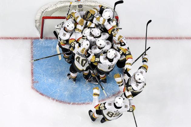 LOS ANGELES, CA - APRIL 17:  Marc-Andre Fleury #29 of the Vegas Golden Knights celebrates a 1-0 win over the Los Angeles Kings with his team, to sweep the series 4-0 in Game Four of the Western Conference First Round during the 2018 NHL Stanley Cup Playoffs at Staples Center on April 17, 2018 in Los Angeles, California.  (Photo by Harry How/Getty Images)