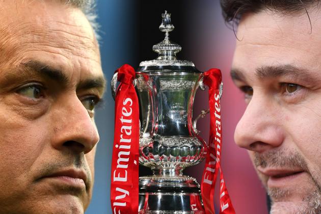 FILE PHOTO (EDITORS NOTE: GRADIENT ADDED - COMPOSITE OF TWO IMAGES - Image numbers (L) 674036840 and 942986596) In this composite image a comparison has been made between Jose Mourinho, Manager of Manchester United (L) and Mauricio Pochettino, Manager of Tottenham Hotspur. Manchester United and Tottenham Hotspur meet in a Emirates FA Cup Semi Final on April 21. 2018 at Wembley in London,England. ***LEFT IMAGE*** MANCHESTER, ENGLAND - APRIL 27: Jose Mourinho, Manager of Manchester United looks on prior to the Premier League match between Manchester City and Manchester United at Etihad Stadium on April 27, 2017 in Manchester, England. (Photo by Laurence Griffiths/Getty Images) ***RIGHT IMAGE***  STOKE ON TRENT, ENGLAND - APRIL 07: Mauricio Pochettino, Manager of Tottenham Hotspur looks on prior to the Premier League match between Stoke City and Tottenham Hotspur at Bet365 Stadium on April 7, 2018 in Stoke on Trent, England. (Photo by Gareth Copley/Getty Images)