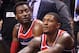 TORONTO, ON - APRIL 14: John Wall #2 of the Washington Wizards and Bradley Beal #3 look on from the bench during a timeout against the Toronto Raptors during Game One of the first round of the 2018 NBA Playoffs at Air Canada Centre on April 14, 2018 in Toronto, Canada. NOTE TO USER: User expressly acknowledges and agrees that, by downloading and or using this photograph, User is consenting to the terms and conditions of the Getty Images License Agreement. (Photo by Tom Szczerbowski/Getty Images) *** Local Caption *** Bradley Beal;John Wall